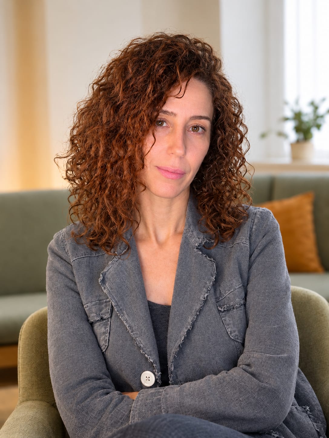 רעיה ברכה, מטפלת רגשית בשיטת EMID, בקליניקה בגווני חול וטרקוטה